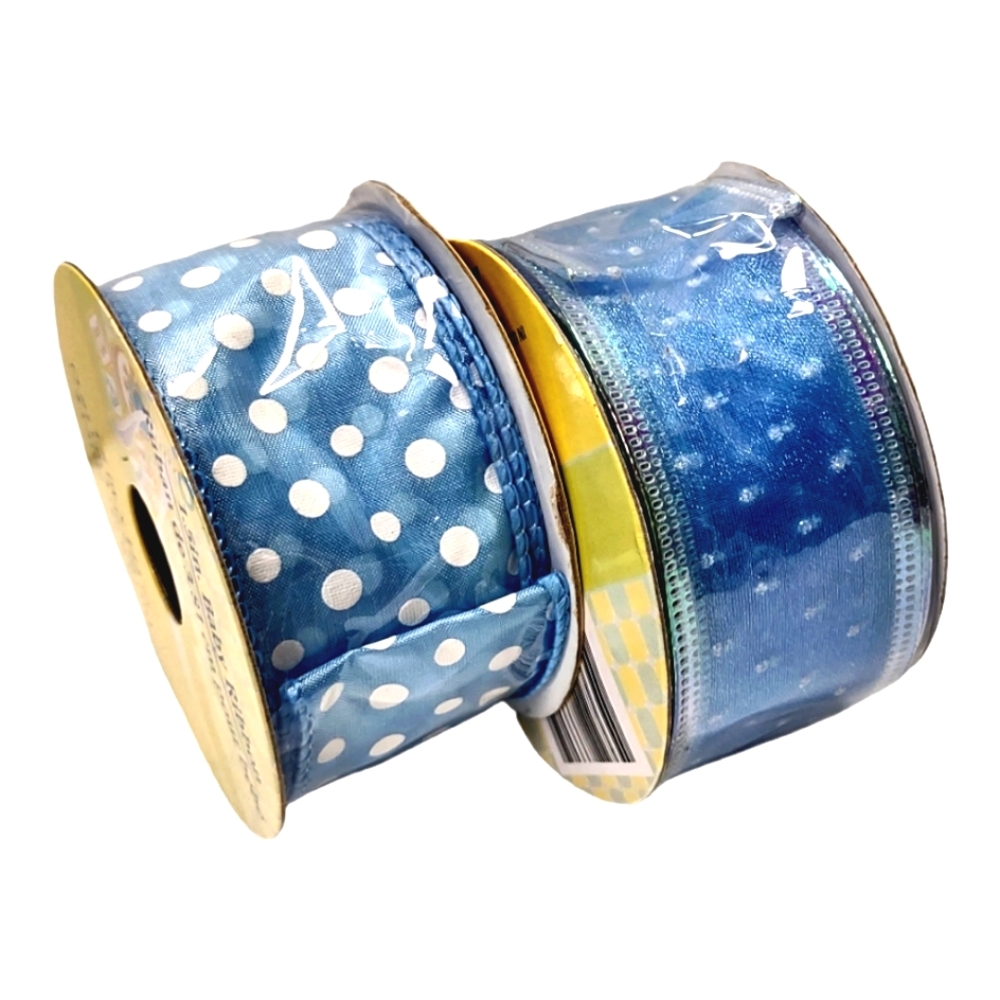 Crafter Supplies Baby Ribbon 1.5"x144" Blue and White Polka Dots Baby Shower